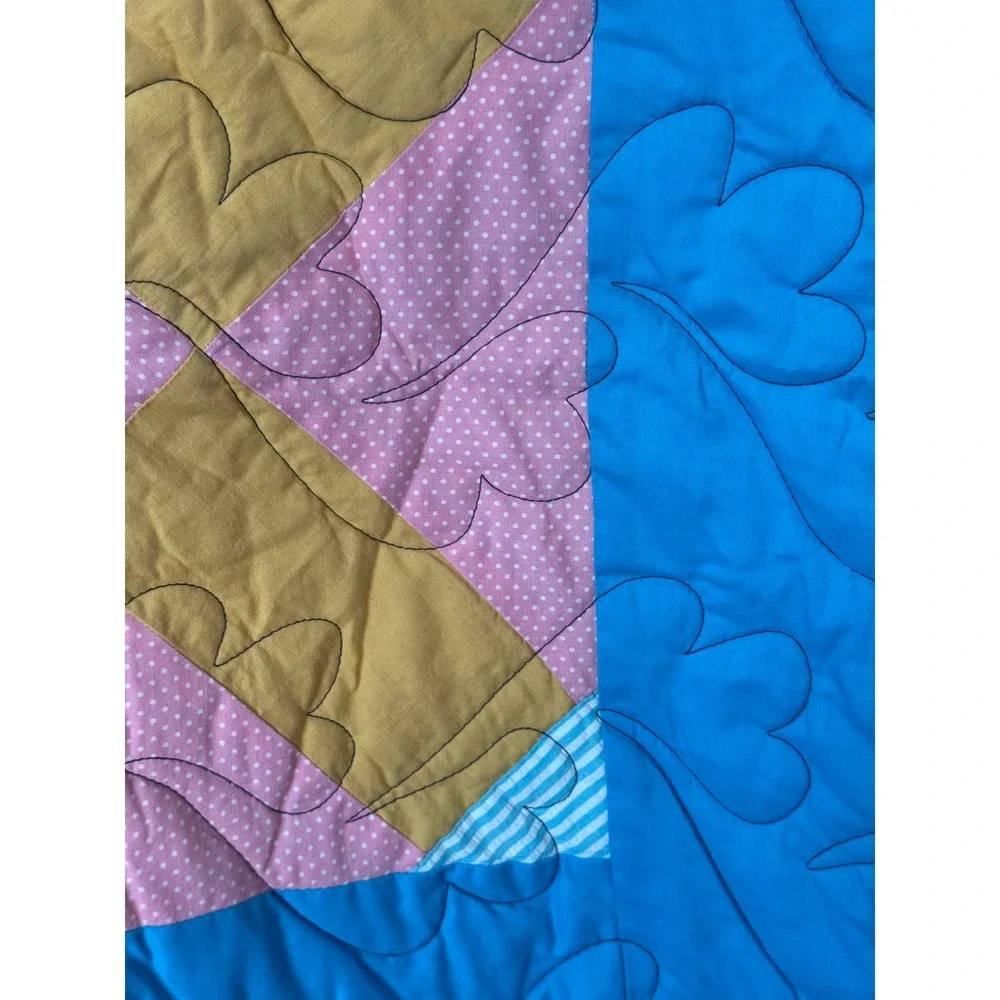 Handmade Patchwork X-Block Quilt Multicolor Heart Stitched